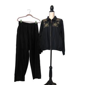 Vintage Style 80s Womens Track Suit Size L Black Gold Embroidered Leaves Flaw